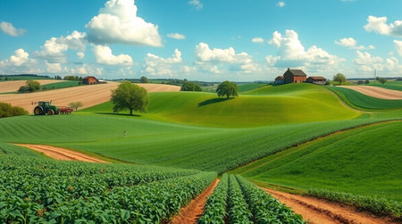 Agricultural landscape with fields and farmhouse in Bavaria, Germanyの写真素材