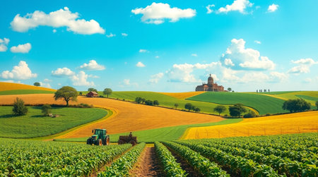 Agricultural landscape with tractor and field