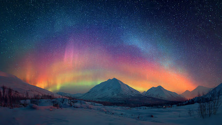 Aurora borealis in the night sky over the snowy mountains