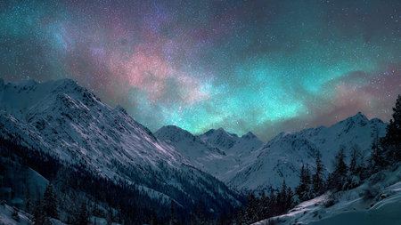 Milky Way over mountains in winter, panoramic view.