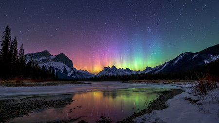 Aurora borealis over Bow River in Banff National Parkの写真素材