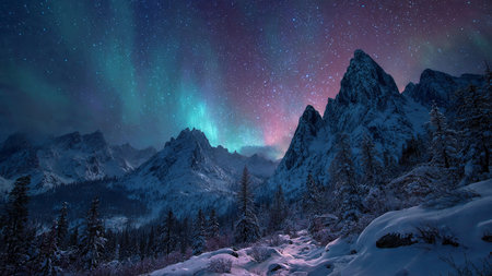 Aurora borealis in winter mountains. Northern lights in the sky.の写真素材