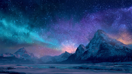Snowy mountains and aurora borealis in the night sky.
