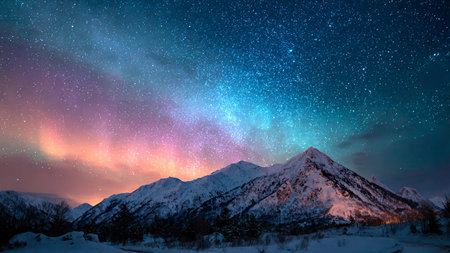 Milky way and starry sky over snowy mountains in winter.の写真素材