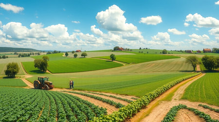 Panoramic view of a tractor working in the field, Czech Republicの写真素材