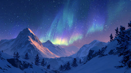 Aurora borealis in the night sky over the snowy mountainsの写真素材