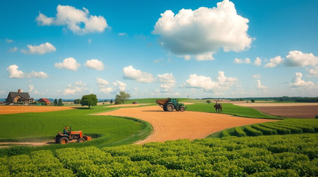 Agricultural landscape with tractor in the field and clouds in the blue skyの写真素材