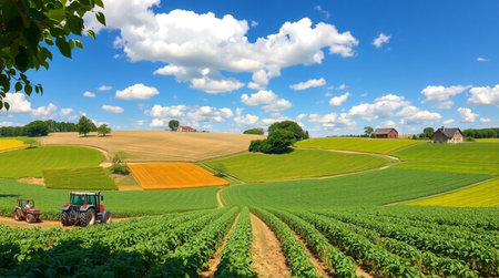 Panoramic view of agricultural landscape with tractor working on the fieldの写真素材