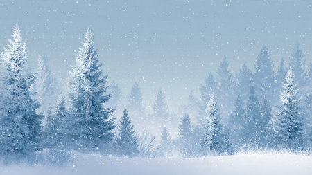 The forest glows softly as snowflakes fall through blue winter air.