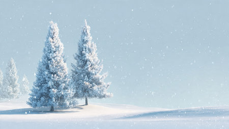 Crystal-clear winter air surrounds snowy pine trees.の写真素材