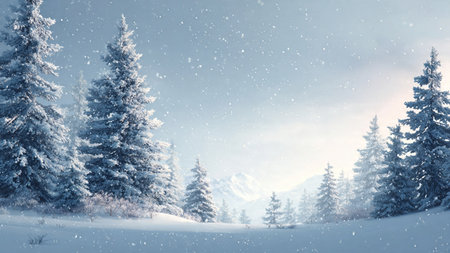 A chilly blue winter landscape with detailed snowy trees.