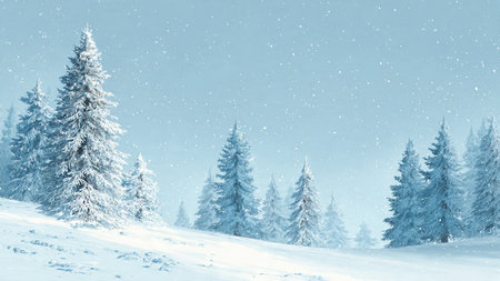 A frozen pine landscape framed by a tranquil gradient sky.の写真素材