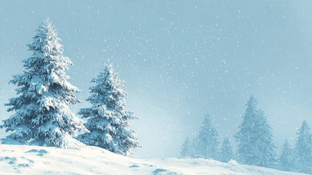 Crisp snow on pine branches meets gentle atmospheric snowfall and a calm pale sky.