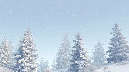 A clean commercial winter setting with snow-laden trees and airy snowfall drifting across a serene...