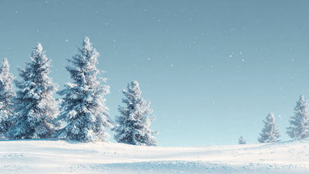A refreshing winter-blue backdrop showcasing snow-covered pines and drifting snowfall.の写真素材