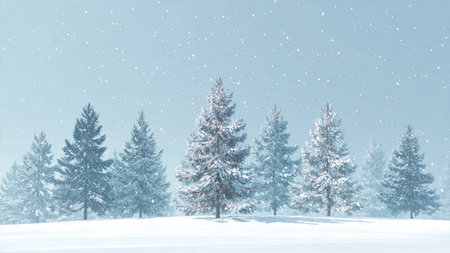Snow-dusted pine trees stand against a serene sky in this minimalist winter composition.