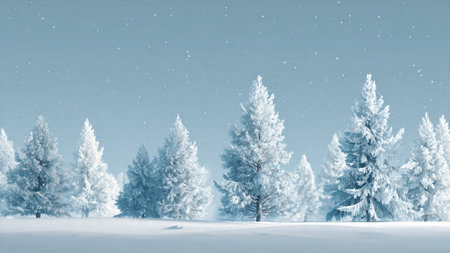 Snow-draped pine trees rest quietly in a clean, cold winter setting.の写真素材