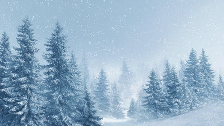 Snow-laden pine textures sparkle under a pale winter sky with slow snowfall.