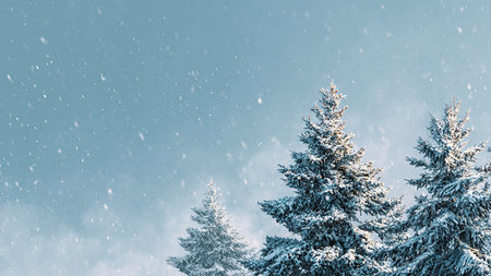A calm winter glow highlights snowy trees and gentle falling snowflakes.