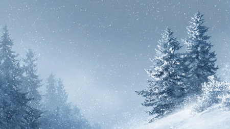 Snow-covered pines stand in gentle winter silence.の写真素材