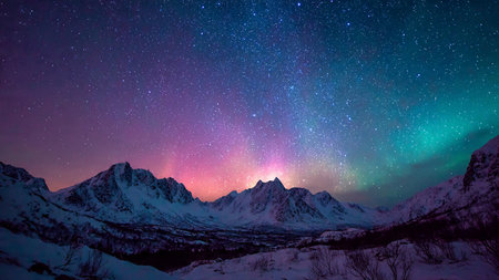 Milky Way over the mountains in the winter. Aurora borealis.の写真素材