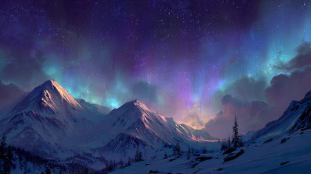 Aurora borealis in the night sky over snowy mountains.