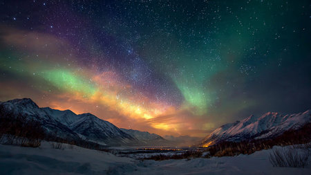 Aurora borealis, northern lights and snow covered mountains.