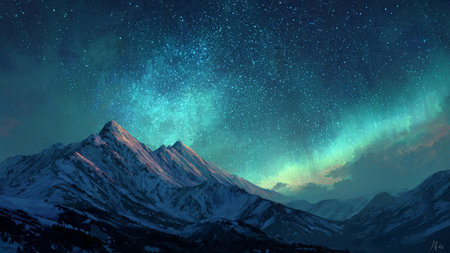 Milky Way over snowy mountains with starry sky and aurora borealis
