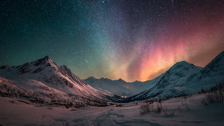 Aurora borealis in the night sky over snowy mountain rangeの写真素材