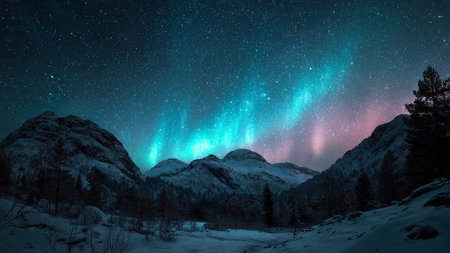 Aurora borealis in the night sky above the snowy mountainsの写真素材