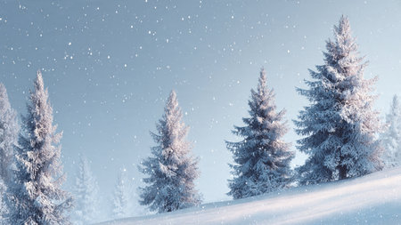 A calm winter atmosphere featuring snowy pines and soft sky gradients for a soothing effect.の写真素材