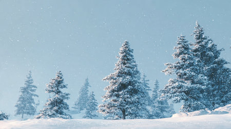 A pure chill atmosphere with frosted pines and drifting snow.の写真素材