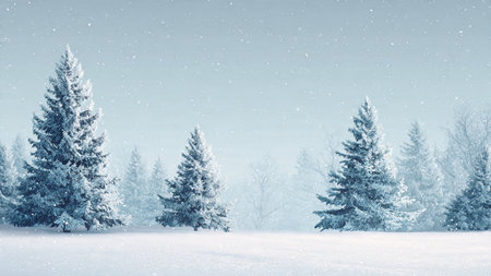 An ultra-detailed snowy pine landscape with a tranquil sky and soft drifting snowflakes for serene branding visuals.の写真素材