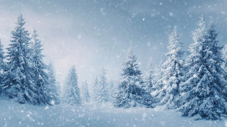 Snowy pine silhouettes beneath a peaceful sky with gentle snow, ideal for seasonal marketing...