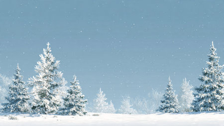 Clear sky meets snowy pines in a calm atmospheric composition.