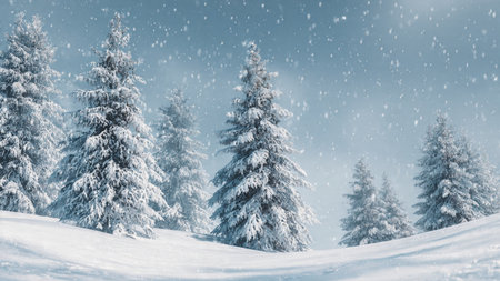 Snow-coated pines stand against a quiet blue sky filled with slow drifting snowflakes.の写真素材