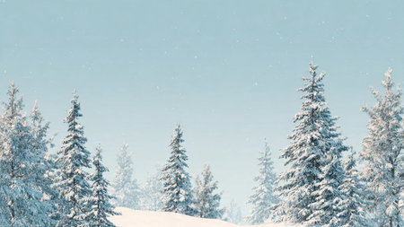 A tranquil blue-toned haven of snowy pine trees.の写真素材