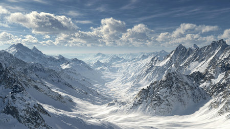 Winter mountains panorama with snow-capped peaks and blue sky
