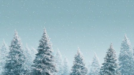 A deep winter forest blanketed in snow, glowing softly under a cool blue sky.の写真素材