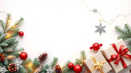 Silver stars, frosty gift boxes, and red ornaments create a timeless layout.の写真素材