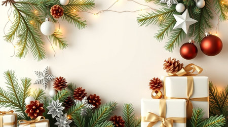 Christmas background with fir tree branches, pine cones, gift boxes, snowflakes and lights on beige background. Top view.の写真素材