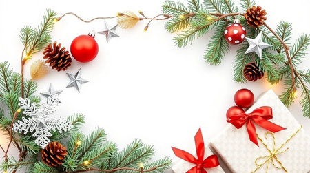Christmas and New Year background with fir tree branches, red balls, gift box and decoration on white. Flat lay, top view.の写真素材