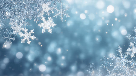 A radiant winter layout with glowing snowflakes and bokeh lights surrounding an open center.の写真素材