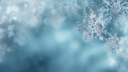 A calm winter backdrop with bright snowflakes and a premium empty space for text.