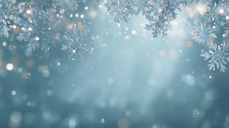 A high-end winter design featuring shimmering snowflakes and an elegant bokeh glow.の写真素材