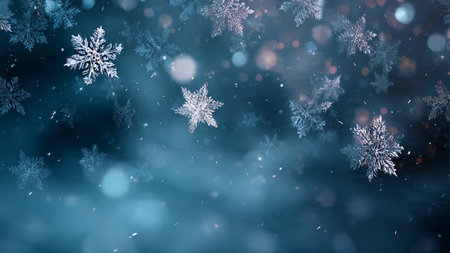 A peaceful winter holiday background with a clean center, soft bokeh, and glowing snowflakes.の写真素材