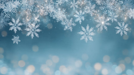A polished winter holiday background with sparkling snowflakes and a glowing blue gradient, keeping the center clear for text.の写真素材