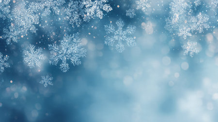 A premium soft-blue winter scene with glowing bokeh and shimmering snowflakes framing a clean text...