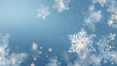 A peaceful winter background with a glowing blue aura and crisp snowflakes.