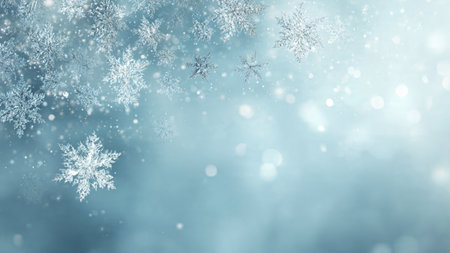 A reflective-feeling blue gradient with snowflakes framing a clean center.